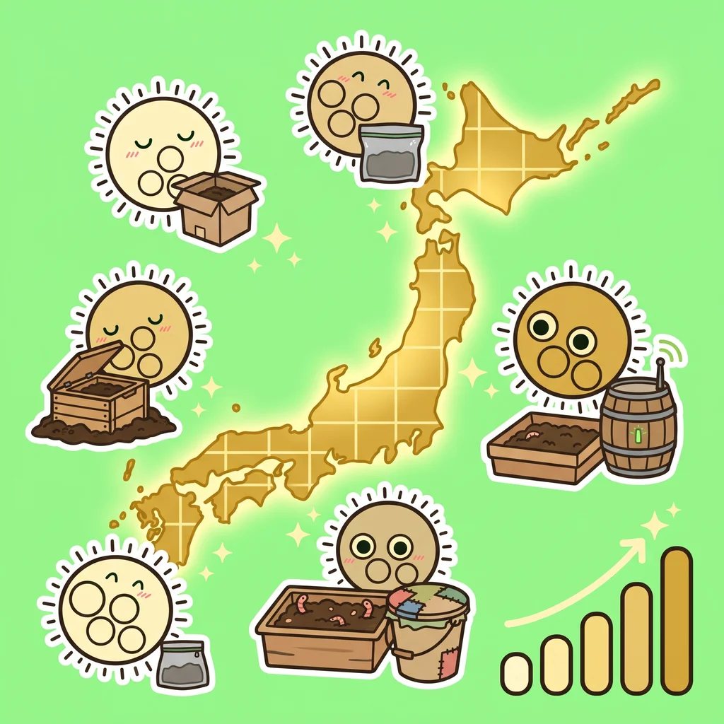 いろいろなコンポストのボルボックスくんたちと、金色の日本地図